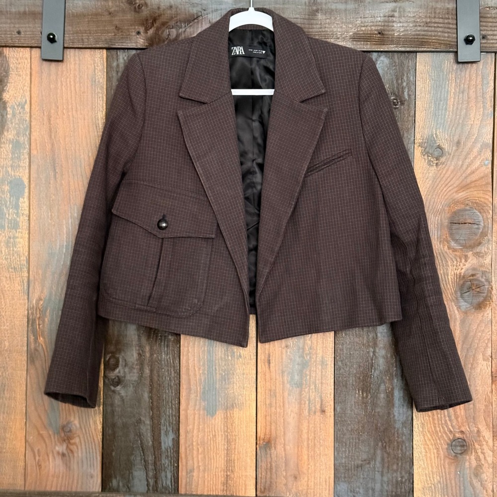 Zara Brown Gingham Cropped Blazer Jacket 4 Button‎ Sleeves Size M